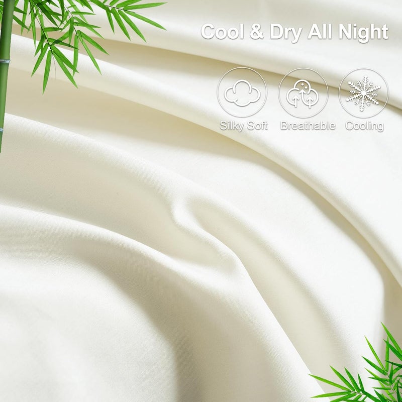PHF 4 Piece 60% Rayon Derived from Bamboo 40% Polyester Cooling Queen Size Bedding Sheet Set, Luxury Silky Soft Breathable for Hot Sleeper, Includes 1 Fitted Sheet (150cm x 200cm) with 40 cm deep pocket,1 Flat Sheet (230cm x 260cm) and 2 Standard Pillowcases (50cm x 75cm), Cream - Image 4