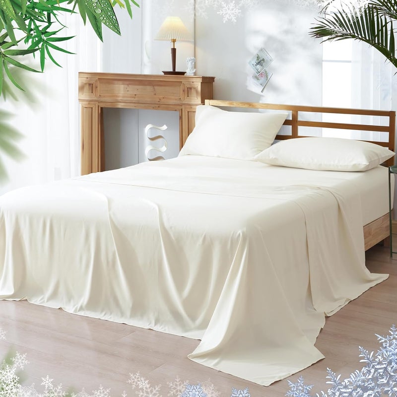 PHF 4 Piece 60% Rayon Derived from Bamboo 40% Polyester Cooling Queen Size Bedding Sheet Set, Luxury Silky Soft Breathable for Hot Sleeper, Includes 1 Fitted Sheet (150cm x 200cm) with 40 cm deep pocket,1 Flat Sheet (230cm x 260cm) and 2 Standard Pillowcases (50cm x 75cm), Cream - Image 1