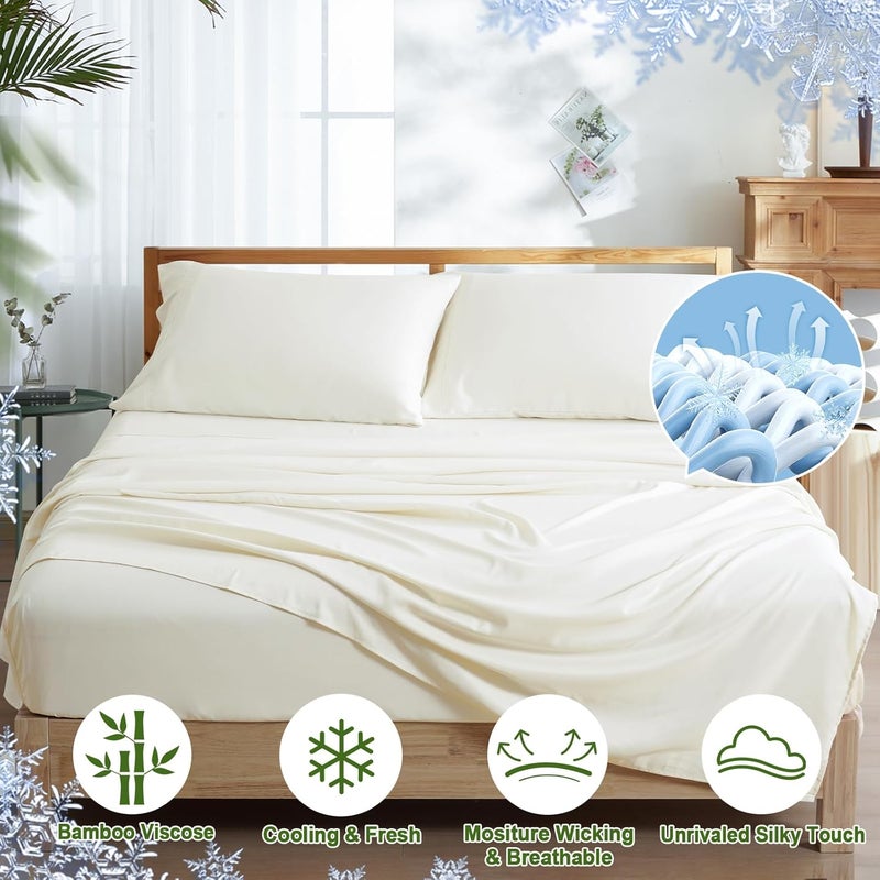 PHF 4 Piece 60% Rayon Derived from Bamboo 40% Polyester Cooling Queen Size Bedding Sheet Set, Luxury Silky Soft Breathable for Hot Sleeper, Includes 1 Fitted Sheet (150cm x 200cm) with 40 cm deep pocket,1 Flat Sheet (230cm x 260cm) and 2 Standard Pillowcases (50cm x 75cm), Cream - Image 3