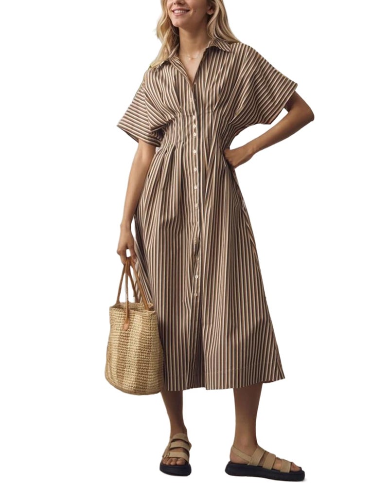 Ladyful Women's Button Down Shirt Dress Short Sleeve Elegant Midi Dress Work Party Wedding Guest Dress - Image 1