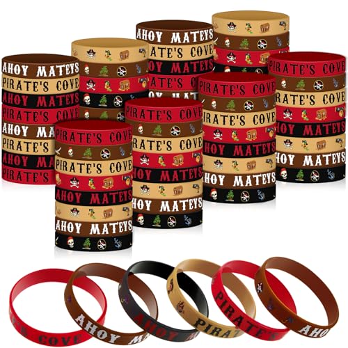 Leitee 64 Pcs Pirate Rubber Bracelets Pirate Party Theme Wristbands Silicone Wristbands Party Supplies Favors Accessories for Men Women Birthday Prizes 4 Styles - Image 1