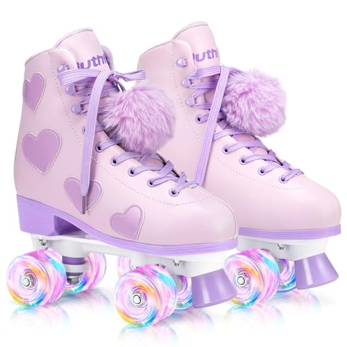 Ruthfot Women's and Girl's Classic Roller Skates with Light up Wheels and Love Heart Pattern, High-top PU Leather Rollerskates… - Image 1