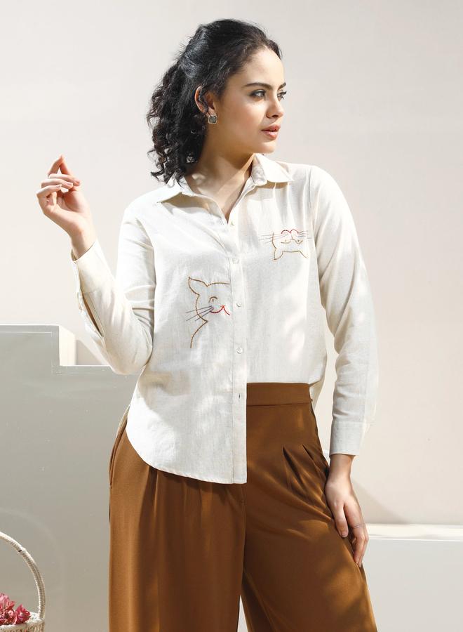 Athena Beige Cat Embroidery Cotton Shirt - Image 1