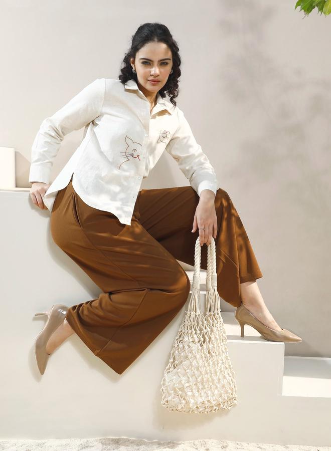 Athena Beige Cat Embroidery Cotton Shirt - Image 5