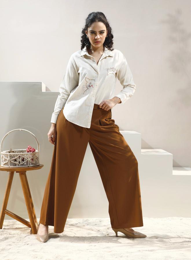 Athena Beige Cat Embroidery Cotton Shirt - Image 2