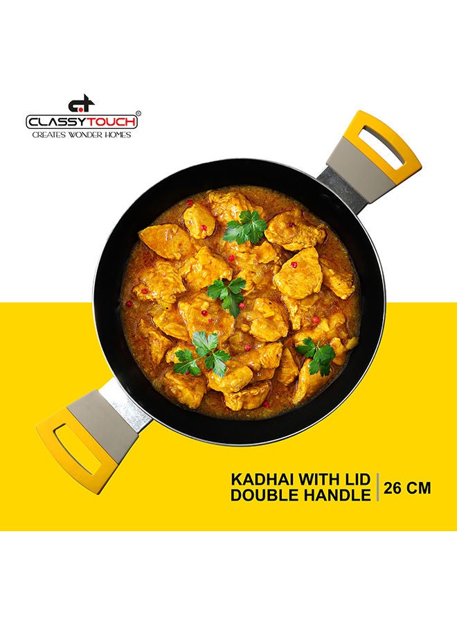 CLASSYTOUCH مقلاة ووك/كادهاي غير لاصقة مع غطاء زجاجي للقلي السريع، والطهي بالبخار، والقلي في المقلاة، والتحمير، وصنع الحساء، كادهاي قطر 26 سم مع غطاء سعة 2.5 لتر (ألومنيوم، غير لاصق) - Image 3