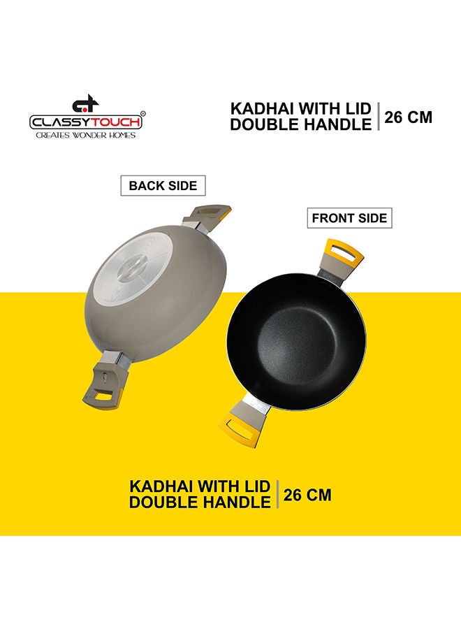 CLASSYTOUCH مقلاة ووك/كادهاي غير لاصقة مع غطاء زجاجي للقلي السريع، والطهي بالبخار، والقلي في المقلاة، والتحمير، وصنع الحساء، كادهاي قطر 26 سم مع غطاء سعة 2.5 لتر (ألومنيوم، غير لاصق) - Image 2