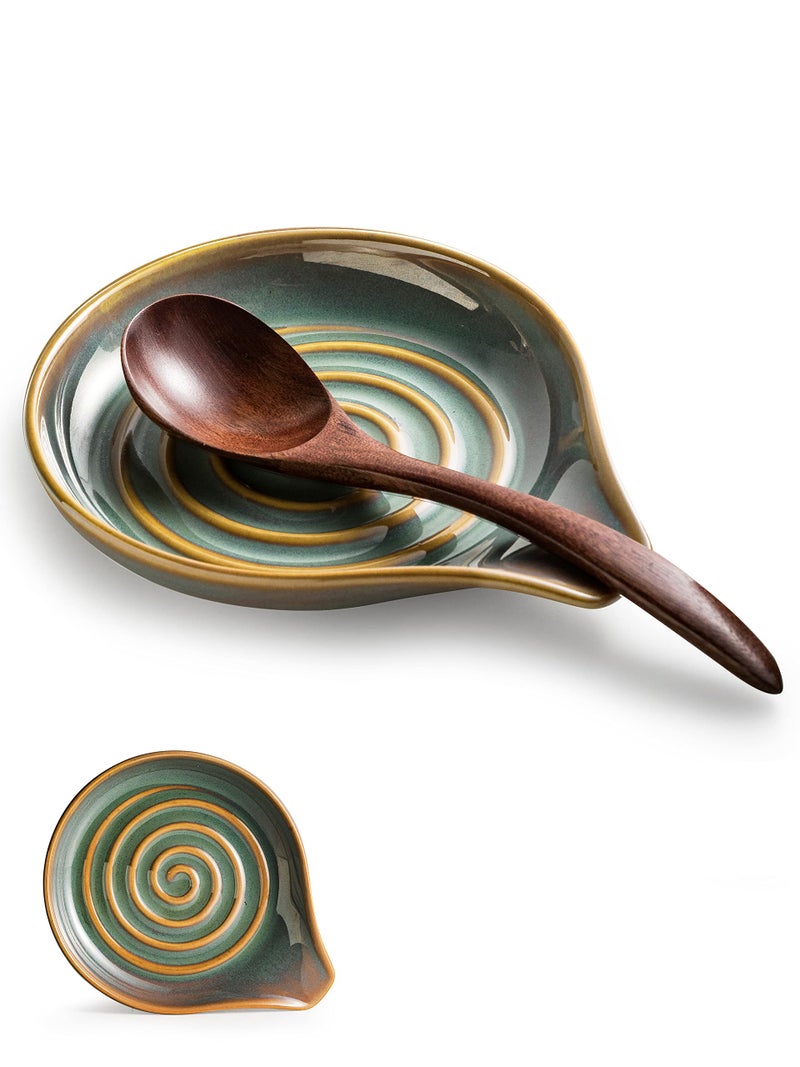 Cormomu Spoon Rest for Stove Top, Countertop Spoon Holder with Handle for Easy Hold, Farmhouse Decor, Utensil Rest for Spoons, Ladles, Tongs, Spatula, Blue and Green - Image 1