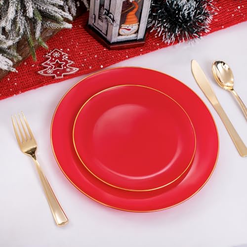PULOTE 100PCS Red Plastic Plates Disposable Heavy Duty - Include 50 Dinner / 50 Dessert Plates for Party & Christmas - Image 4