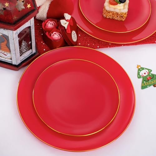 PULOTE 100PCS Red Plastic Plates Disposable Heavy Duty - Include 50 Dinner / 50 Dessert Plates for Party & Christmas - Image 3