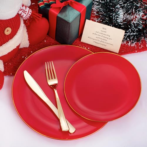 PULOTE 100PCS Red Plastic Plates Disposable Heavy Duty - Include 50 Dinner / 50 Dessert Plates for Party & Christmas - Image 5