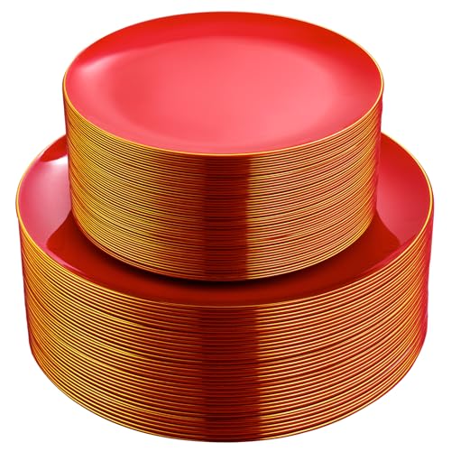 PULOTE 100PCS Red Plastic Plates Disposable Heavy Duty - Include 50 Dinner / 50 Dessert Plates for Party & Christmas - Image 1