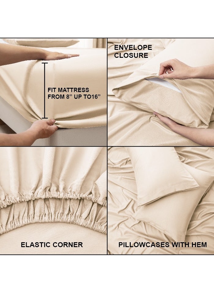 PanaX Panax Bedding King Bed Sheets Set - 4 Piece Bedding - Brushed Microfiber - Shrinkage and Fade Resistant - Easy Care (Beige, King)  - Image 4