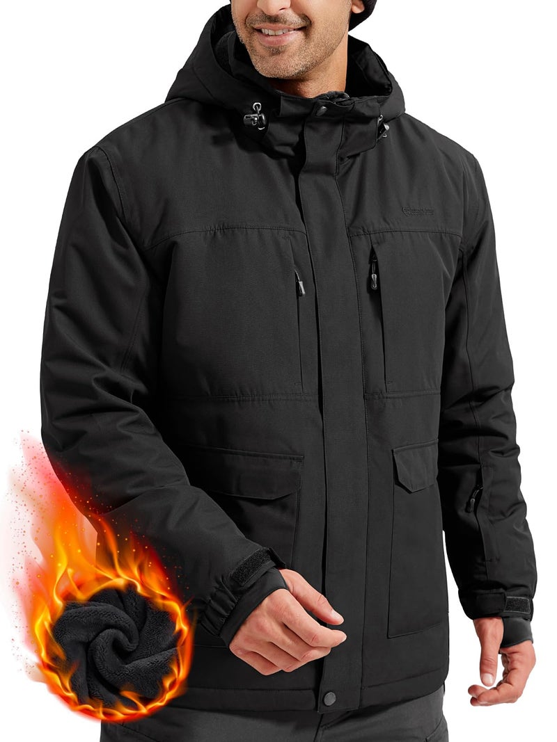 جاكيت تزلج مقاوم للماء للرجال من فري سولجر مبطن بالفليس دافئ شتوي مع غطاء رأس seams كاملة التثبيت أسود XXXL