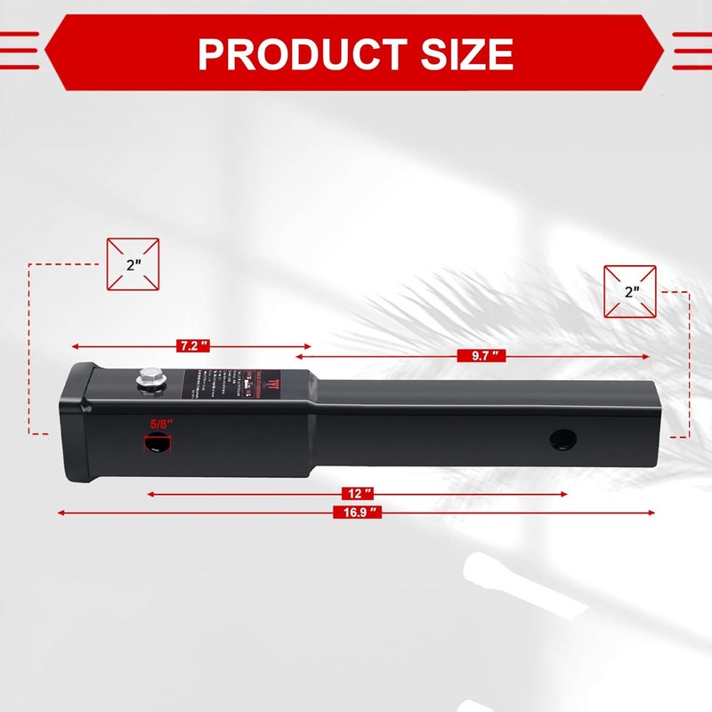 TYT 12" Trailer Hitch Extension,Fit 2 inch Receiver Tube Extender, Tube Extension Receiver with 2 Sets of 5/8" Premium Hitch Pin, 5000 lbs GTW / 500 lbs TW - Image 2