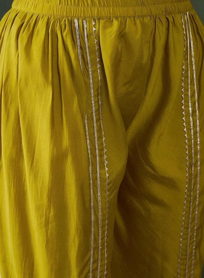 ISHIN Women's Yellow Chanderi Embellished Tunic Top With Ankle Palazzo Flared 2 Peice Kurta Set