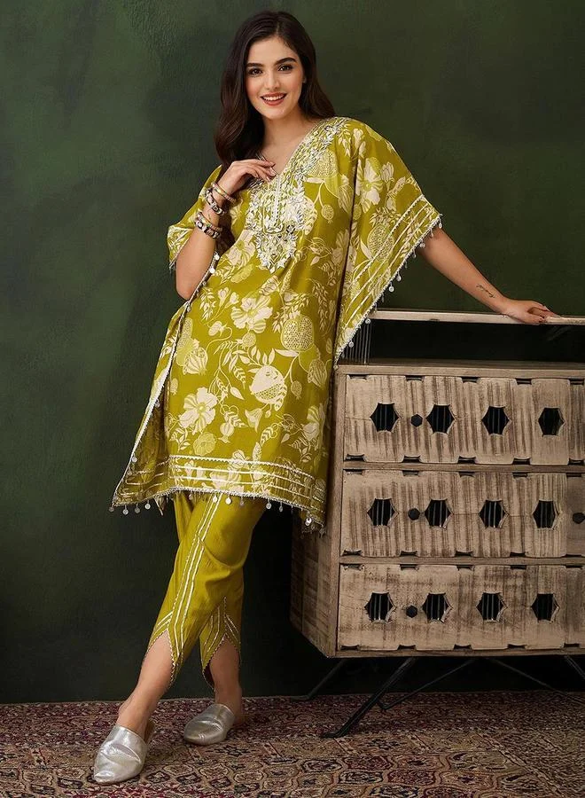 ISHIN Women's Yellow Chanderi Embellished Tunic Top With Ankle Palazzo Flared 2 Peice Kurta Set