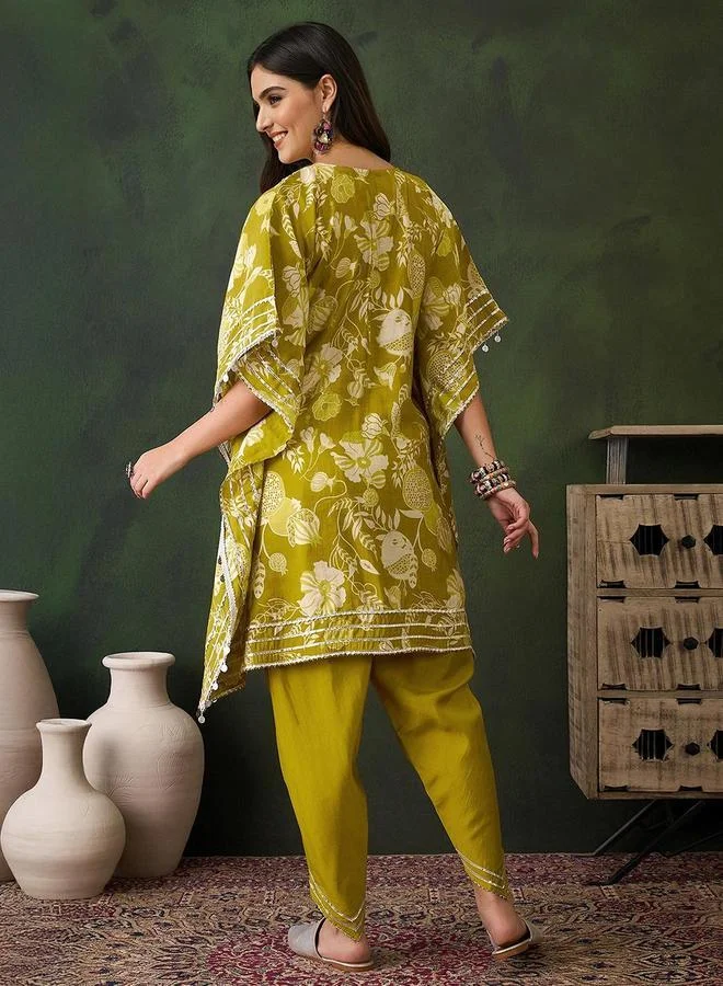 آي شين Women's Yellow Chanderi Embellished Tunic Top With Ankle Palazzo Flared 2 Peice Kurta Set