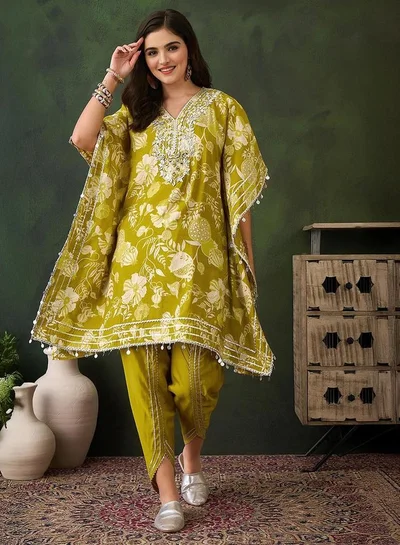 ISHIN Women's Yellow Chanderi Embellished Tunic Top With Ankle Palazzo Flared 2 Peice Kurta Set