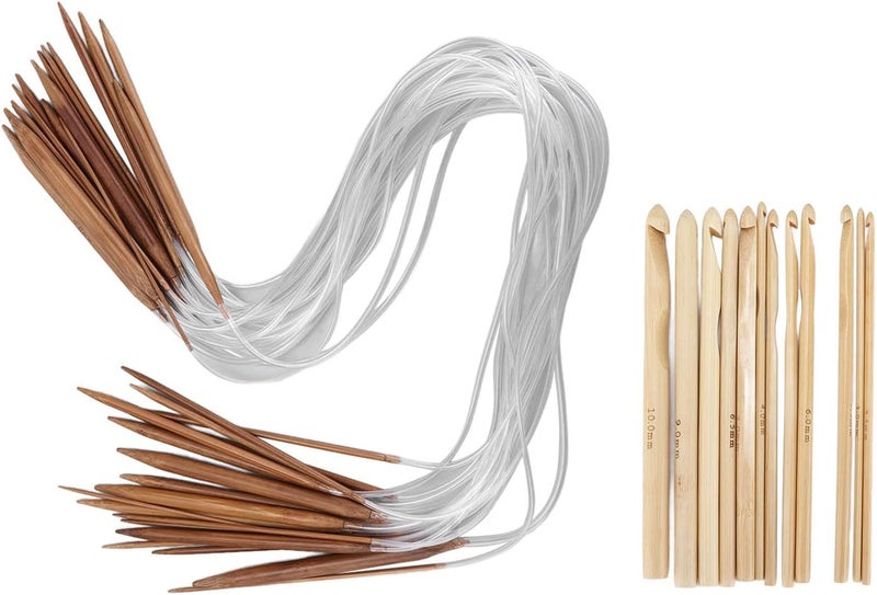 Crochet Hook Set 18 Pcs Bamboo Circular Knitting Needles 12 Sizes Crochet Kit for Household Weaving - Ergonomic Design, Lightweight Smooth Finish, Ideal for Beginners and Craft - Image 1