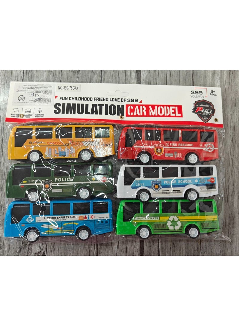 لعبه طقم اتوبيسات اطفال صغيره 6 قطع، عربيات/عربيات لعبه باص مدرسه وباص نقل وباص سياحه وباص شرطة وباص إطفاء ونقل نفايات، لعبه سيارات خدمات ومواصلات للعب التخيلي والتمثيل، عربيات سحب للخلف (Pull Back) للسباق والحركه، هدايا للأولاد والبنات 3 سنين+