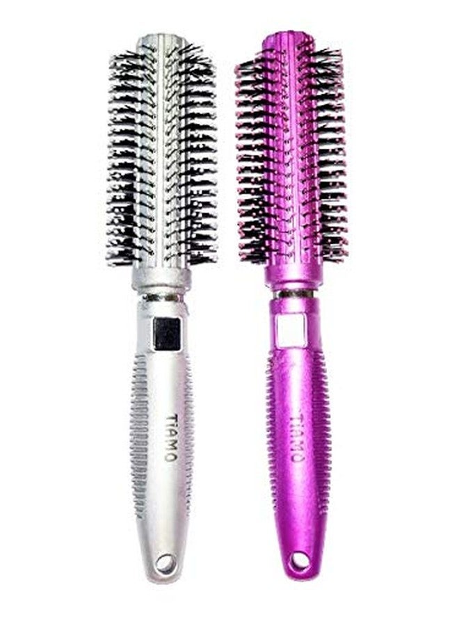 Tiamo Round Plastic Hairbrush set pink and silver for grooming - Image 1