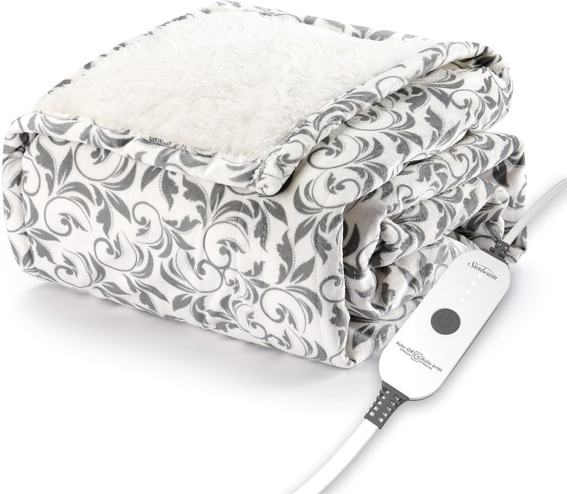 Sunbeam بطانية كهربائية مدفأة من الفرو الملكي شيربا، 50" × 60"، 4 إعدادات حرارة، إيقاف تلقائي بعد 4 ساعات، بطانية دافئة للكنبة، تسخين سريع، قابلة للغسل في الغسالة، دافئة ومريحة، نمط كيب رمادي - Image 1