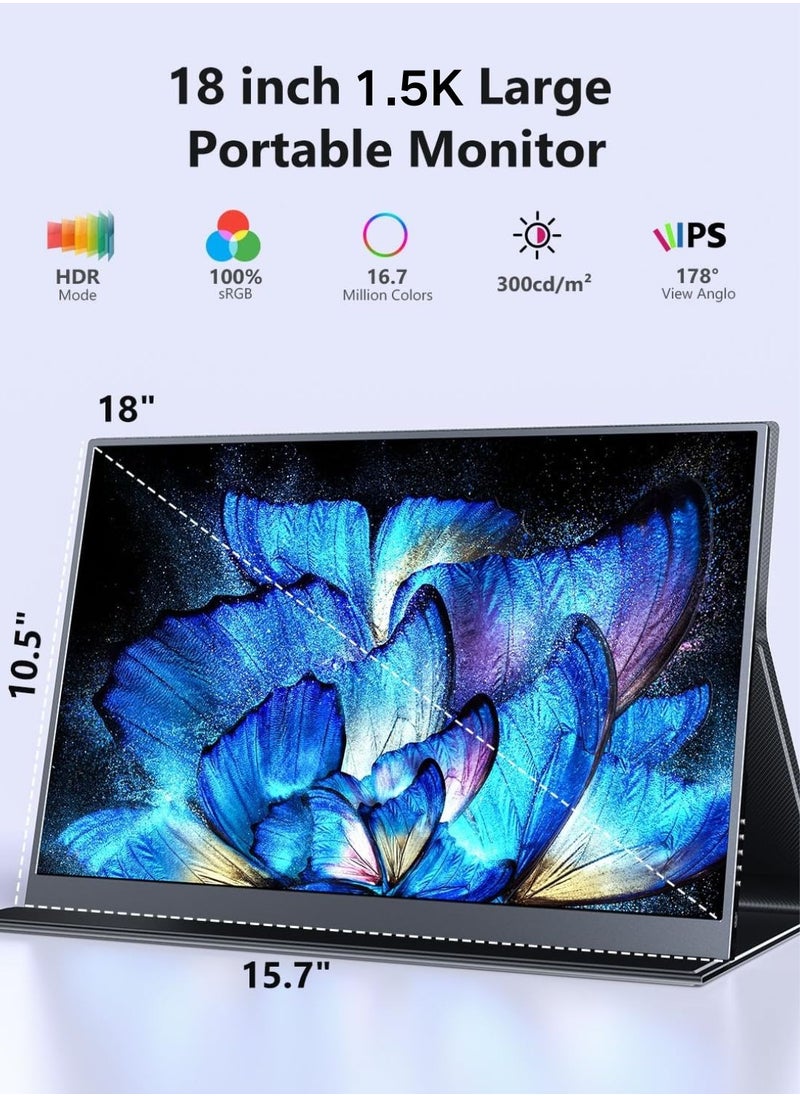 شاشة محمولة مقاس 18 بوصة 120 هرتز 100% sRGB 1080P مع VESA وحامل قابل للتعديل بزاوية 180 درجة، شاشة ألعاب FHD FreeSync IPS HDR بدون إطار، شاشة ثانية للسفر للكمبيوتر المحمول
