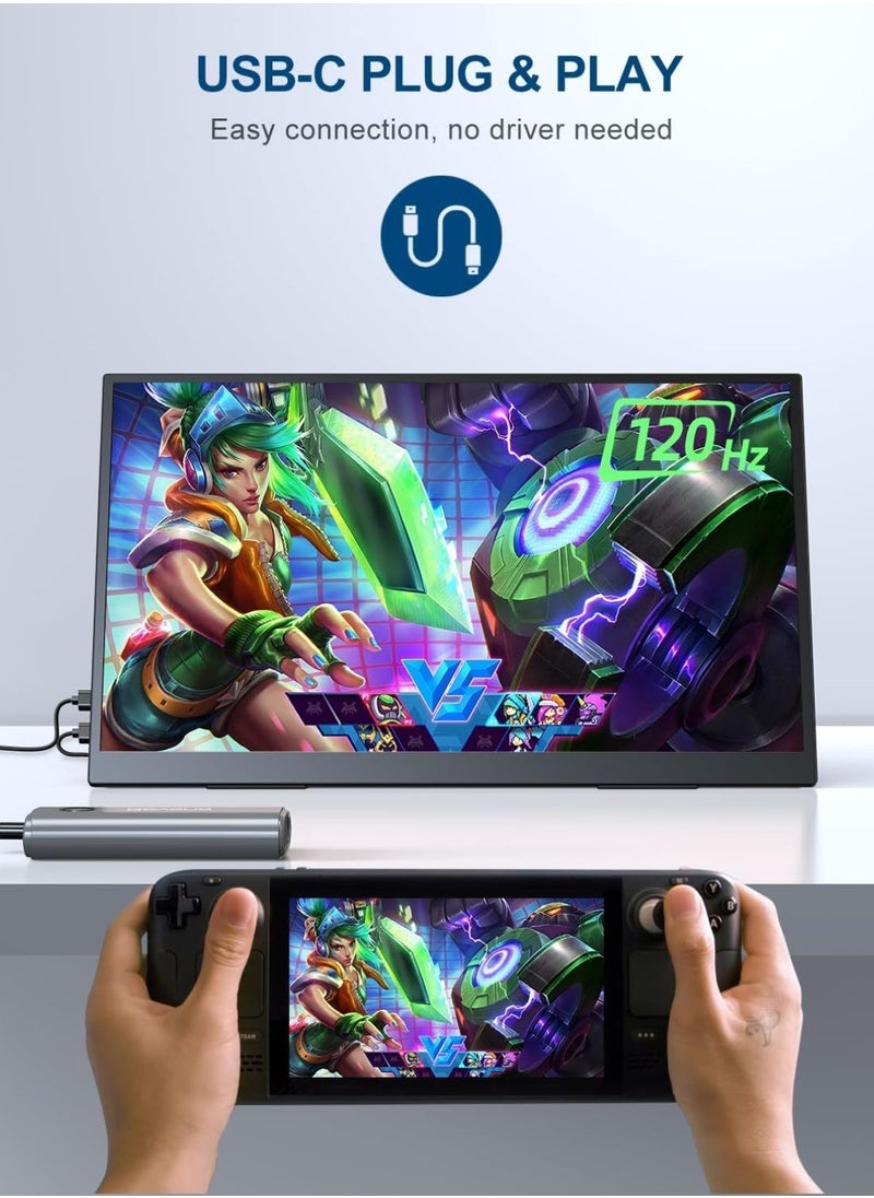 شاشة محمولة مقاس 18 بوصة 120 هرتز 100% sRGB 1080P مع VESA وحامل قابل للتعديل بزاوية 180 درجة، شاشة ألعاب FHD FreeSync IPS HDR بدون إطار، شاشة ثانية للسفر للكمبيوتر المحمول