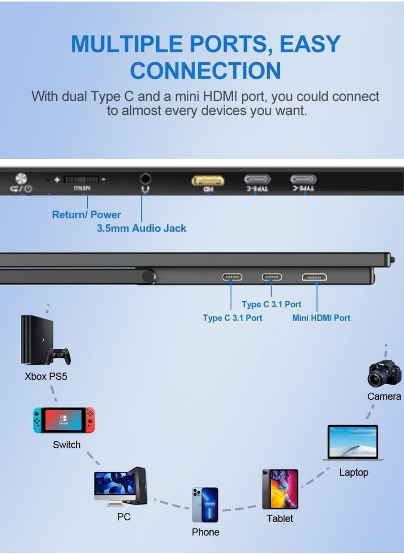 شاشة محمولة مقاس 18 بوصة 120 هرتز 100% sRGB 1080P مع VESA وحامل قابل للتعديل بزاوية 180 درجة، شاشة ألعاب FHD FreeSync IPS HDR بدون إطار، شاشة ثانية للسفر للكمبيوتر المحمول