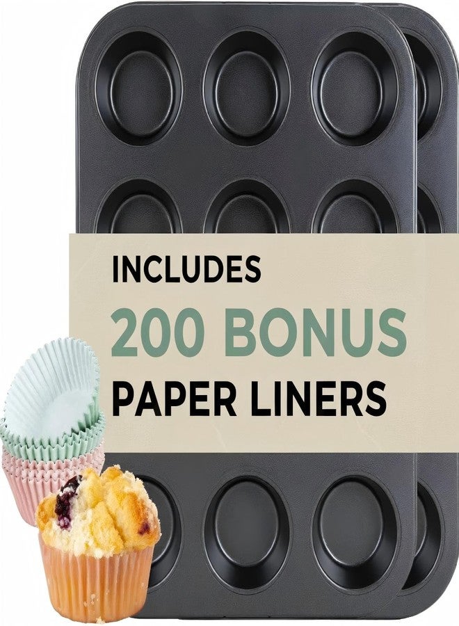CARTMAN 2 Pack Muffin Pans with 200 Cupcake Liners, Nonstick 12-Cup Muffin Tins, Carbon Steel Cupcake Pans for Baking Muffins, Egg Bites, Brownies & More - Image 1