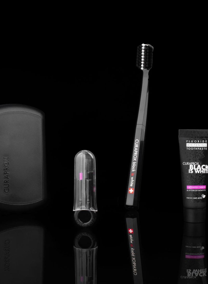 CURAPROX Black is White Travel Set. Set includes Travel Toothbrush CS 5460, 10ml Black is White Toothpaste, Carbon Interdental Brush CPS prime 07, CPS prime 09. - Image 2