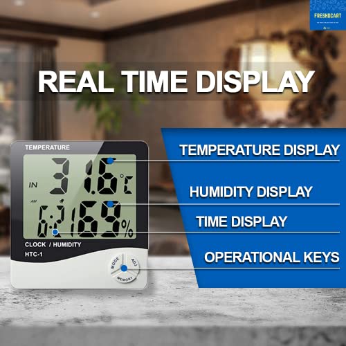 FreshDcart HTC-1 Room Thermometer with Humidity Incubator Meter and Accurate Temperature Indicator Wall Mounting LCD Digital Clock Monitor for Indoor/Outdoor (White) - Image 2