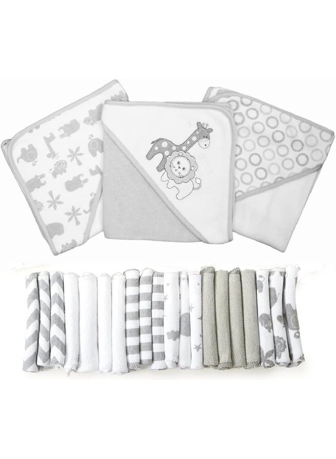 Spasilk Bath Hooded Towels & Baby Washcloths Set, Baby Bath Essentials for Everyday Use, 23-Piece Gift Set, Gray Lion - Image 1