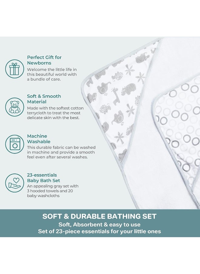 Spasilk Bath Hooded Towels & Baby Washcloths Set, Baby Bath Essentials for Everyday Use, 23-Piece Gift Set, Gray Lion - Image 4