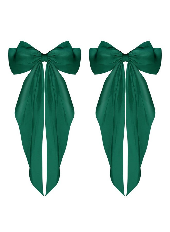 WLLHYF Big Bow Barrettes 2 Pieces Soft Silky Satin Hair Clip Long Tail French Ribbon Hair Pins Metal Bowknot Clips 90's Accessories for Party Women Girl (Green+Green) - Image 1