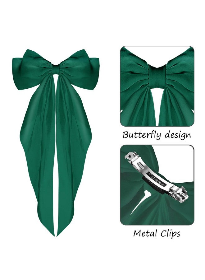 WLLHYF Big Bow Barrettes 2 Pieces Soft Silky Satin Hair Clip Long Tail French Ribbon Hair Pins Metal Bowknot Clips 90's Accessories for Party Women Girl (Green+Green) - Image 3