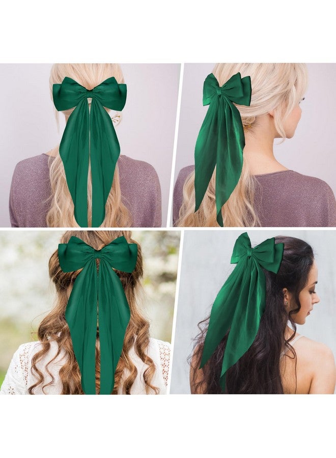 WLLHYF Big Bow Barrettes 2 Pieces Soft Silky Satin Hair Clip Long Tail French Ribbon Hair Pins Metal Bowknot Clips 90's Accessories for Party Women Girl (Green+Green) - Image 4