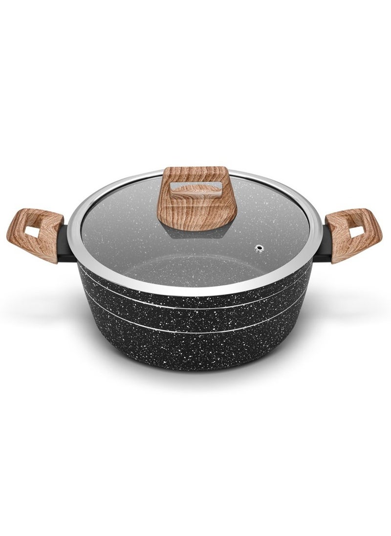 Auroware Auroware Non Stick 26cm Casserole with Glass Lid Black Forged Aluminium Dishwasher safe Durable and Strong Wooden Finish Handle  - Image 1