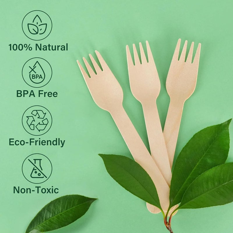 LotFancy Narrow & wide space compatible Disposable Wooden Forks, 100 Pcs, 6.2inch Compostable Biodegradable Eco-Friendly, Great for Camping Picnics Dinner, Party Supplies Odor free color - Image 3