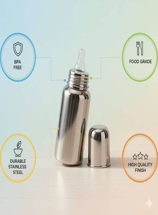 Human Hydro 200ml Stainless Steel Baby Feeding Bottle | Anti-Colic, BPA-Free, Leak-Proof | Food Grade 304 Steel | Wide Neck Milk Bottle for Newborns & Infants | Made in India - Image 3