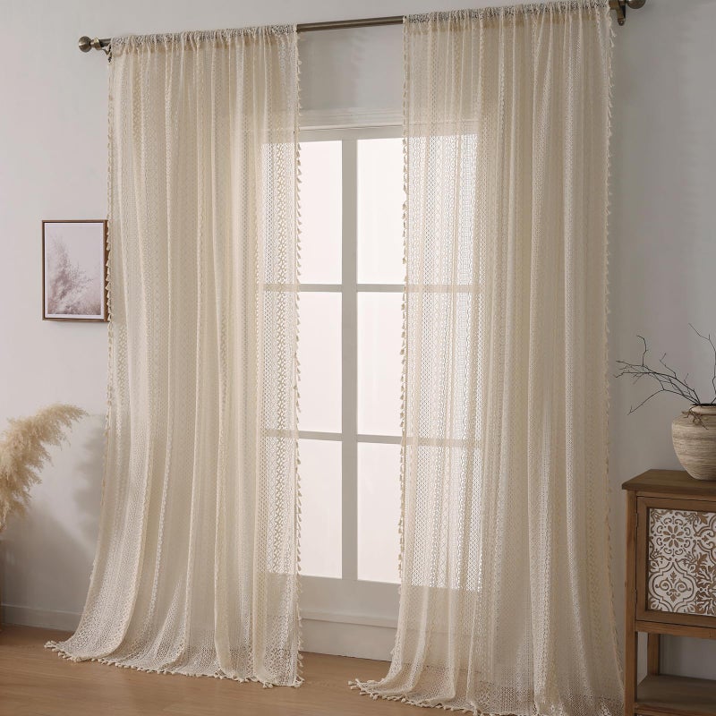 WAZZIO Cream Vintage Victorian Curtains Boho Curtains for Bedroom 2 Panels,Farmhouse Bohemian Decor Crochet Lace Sheer Privacy Let Light in Tassel Rod Pocket Long Window Drapes 59x 96 inches,Beige - Image 2