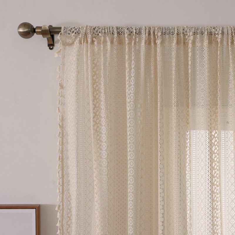 WAZZIO Cream Vintage Victorian Curtains Boho Curtains for Bedroom 2 Panels,Farmhouse Bohemian Decor Crochet Lace Sheer Privacy Let Light in Tassel Rod Pocket Long Window Drapes 59x 96 inches,Beige - Image 4