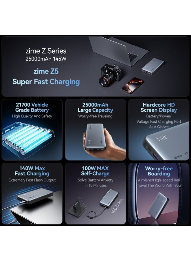 زيم AI大模型翻译 بانك الطاقة Zime Z5 25000 مللي أمبير، شاحن محمول بثلاثة منافذ بطاقة إخراج 145 واط، شاشة رقمية ذكية، متوافق مع MacBook Pro/Air، iPhone 16/15/14/13 Series، Dell، Samsung، Huawei. - Image 4