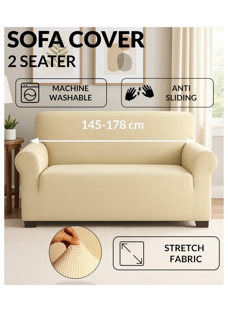 Fabienne High Stretch 2-Seater Sofa Cover Soft Brushed Fabric Couch Cover Exquisitely Full Coverage Furniture Protector Slipcover Two Seater Fits on Standard and Recliner Sofa 145-178cm Size Cream - Image 1