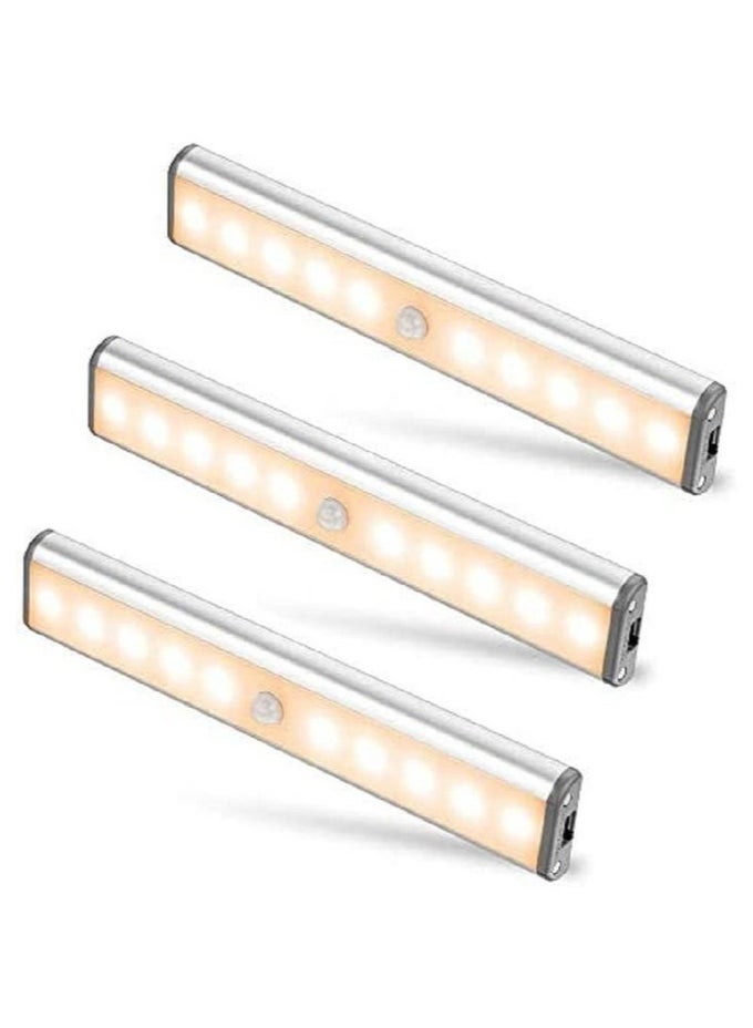 MOTION SENSOR LIGHT BAR NIGHT LIGHT FOR ROOM, STICK-ON ANYWHERE WIRELESS BATTERY OPERATED 10 LEDS CLOSET LIGHTS WARDROBE LIGHTING LED LIGHT(WARM WHITE, 3 PACK)