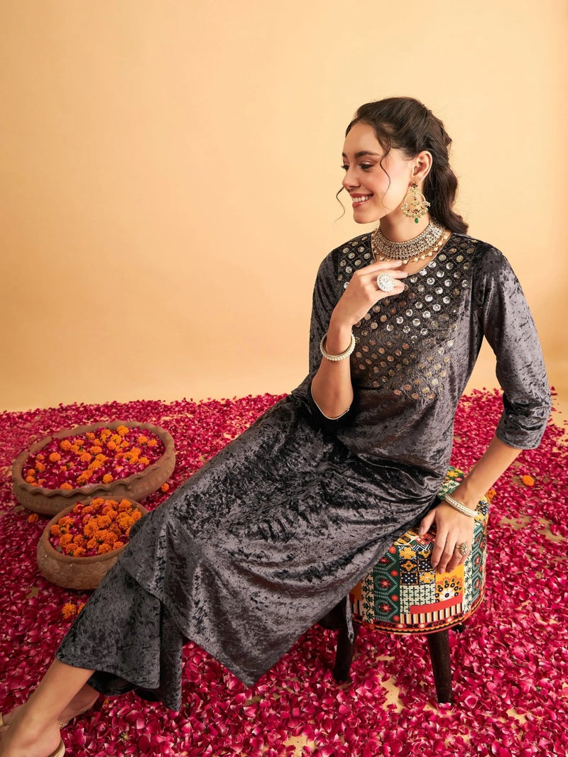 PRASHA Women Grey Velvet Front Embroidered Straight Kurta with Pants - Image 1