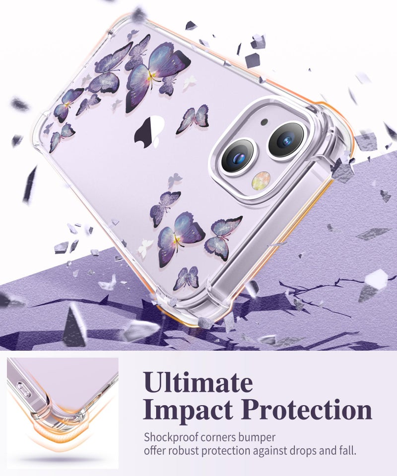 GVIEWIN for iPhone 14 Case Floral, with Screen Protector+Camera Lens Protector, [Non Yellowing]Soft Shockproof Clear Phone Protective Cover Women, Flower Pattern Design 6.1"(Alluring Butterfly/Purple) - Image 4