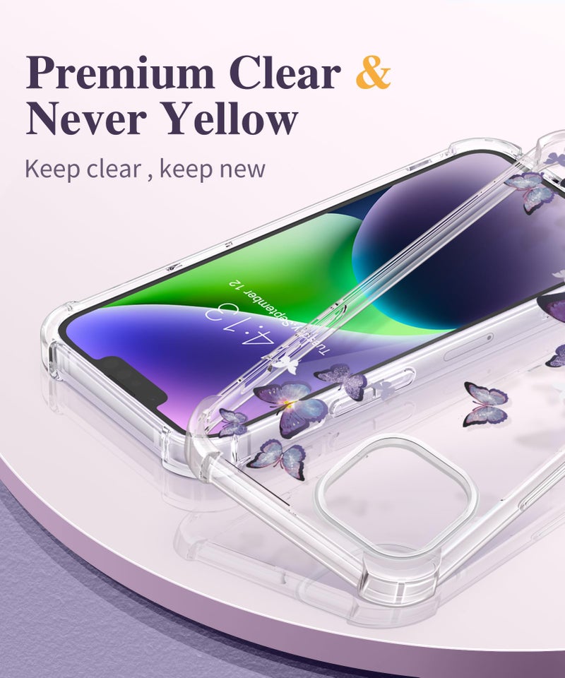 GVIEWIN for iPhone 14 Case Floral, with Screen Protector+Camera Lens Protector, [Non Yellowing]Soft Shockproof Clear Phone Protective Cover Women, Flower Pattern Design 6.1"(Alluring Butterfly/Purple) - Image 3
