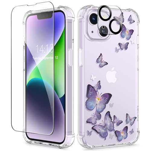 GVIEWIN for iPhone 14 Case Floral, with Screen Protector+Camera Lens Protector, [Non Yellowing]Soft Shockproof Clear Phone Protective Cover Women, Flower Pattern Design 6.1"(Alluring Butterfly/Purple) - Image 1